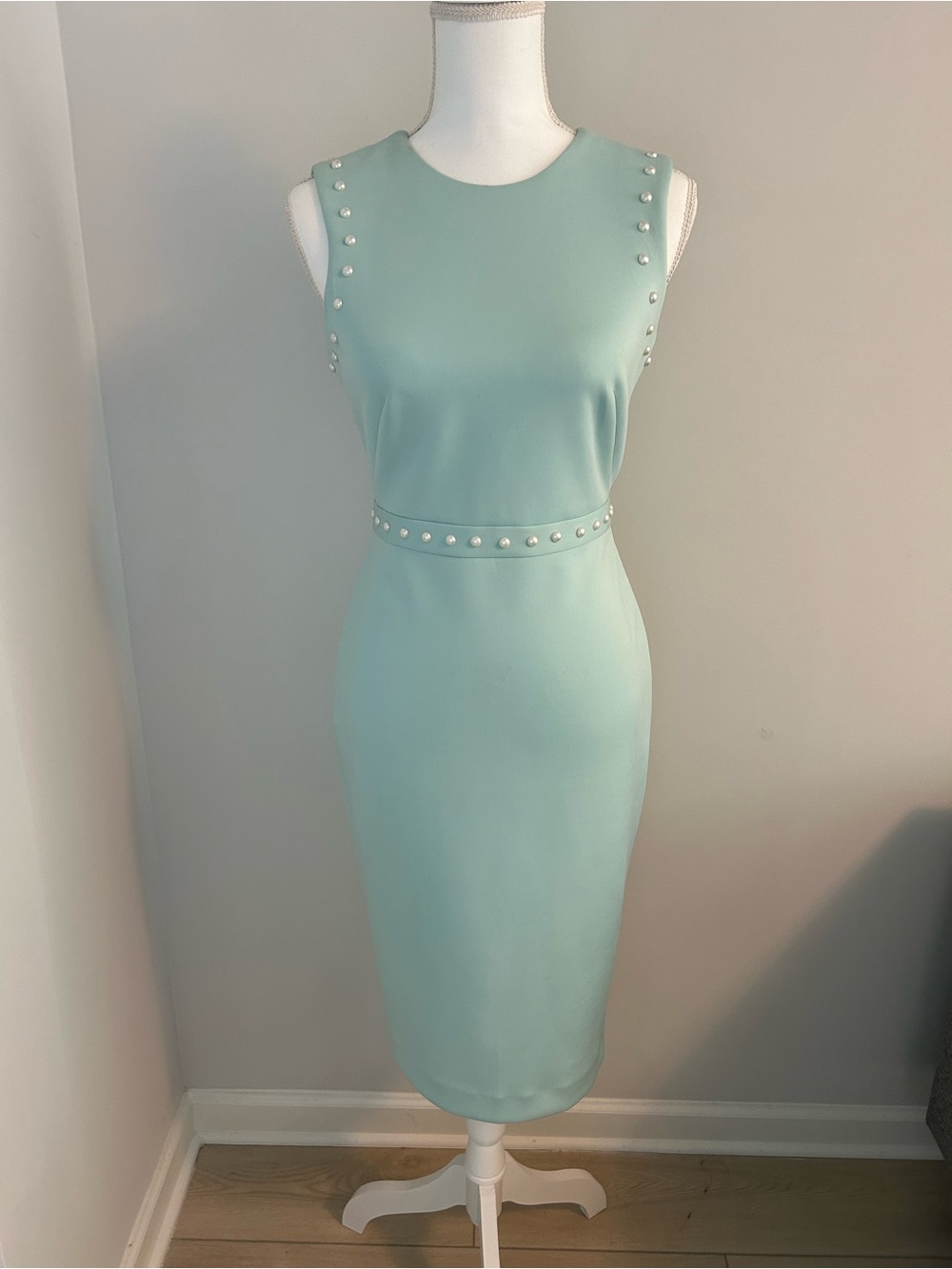 CALVIN KLEIN Pearl-Trim Sleeveless Mint Sheath Dress